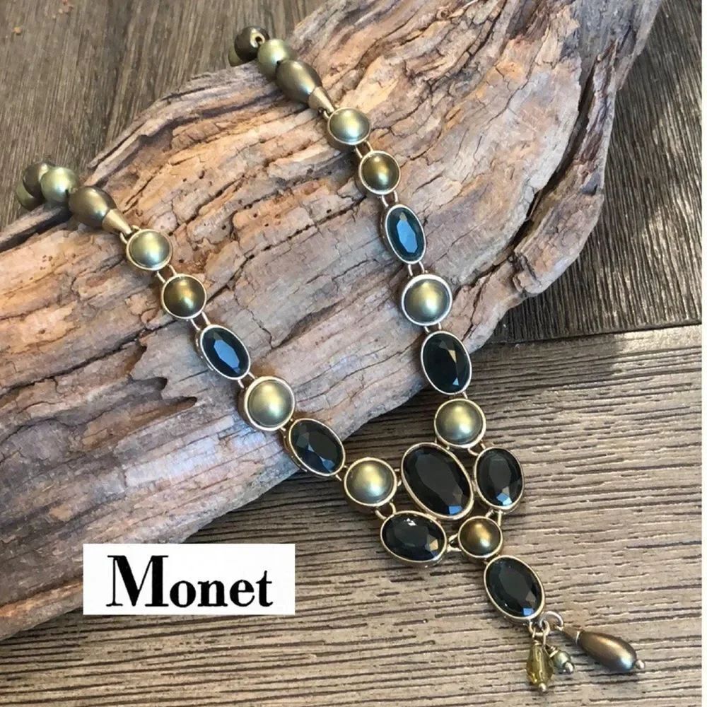 MONET Olive Green Pearl & Emerald Gem Necklace